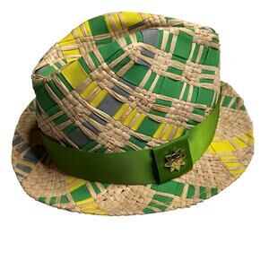 JONATHAN ADLER Women's Green Straw Hat Fedora Green Blue Woven Vibrant Hat
